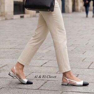 Marc Fisher DELA2 Silver & Black Cap Toe Slingback Flats Women’s 8M New with Box